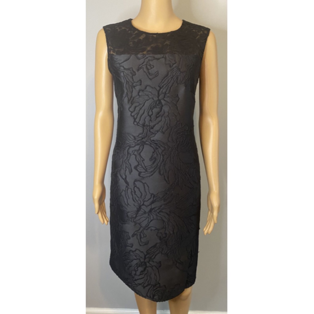J Mendel Black Floral Print Jacquard And Lace Cocktail Dress Sz 6